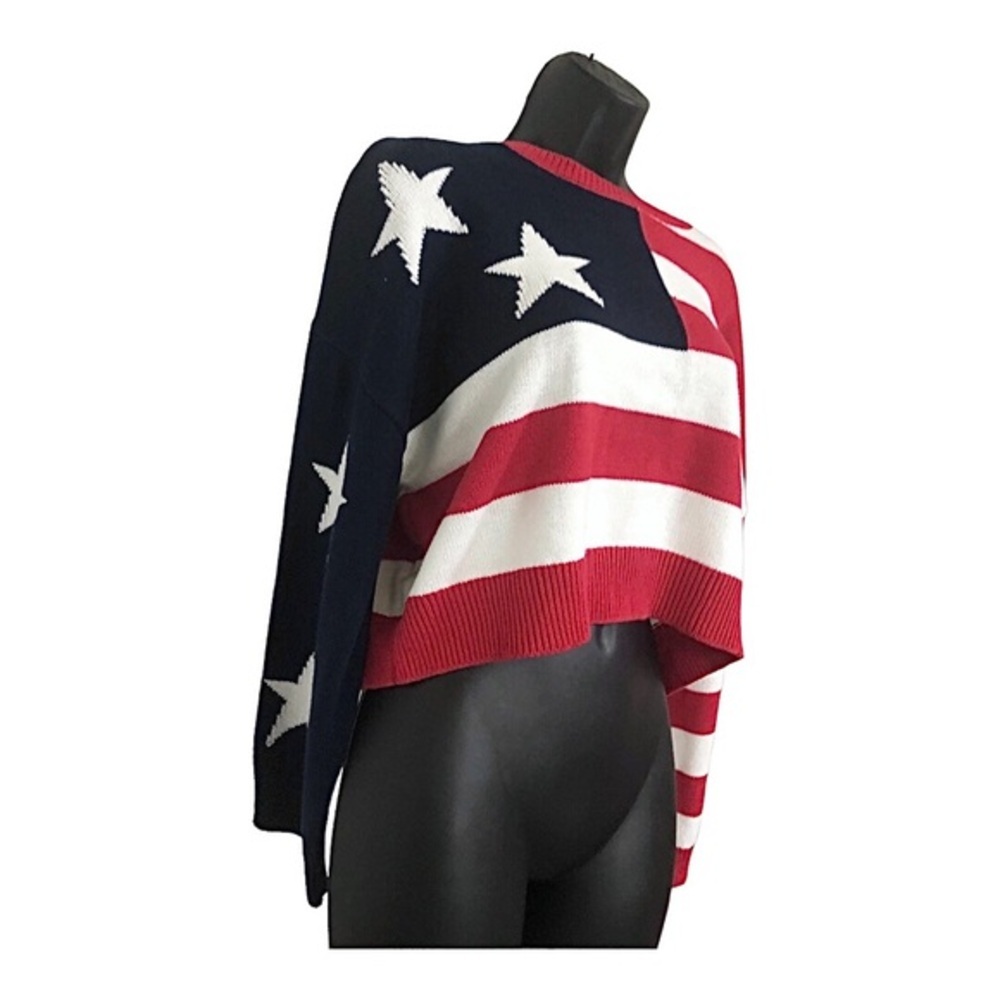 Red White & Blue American flag patriotic knit long sleeve sweater size large new - Picture 8 of 8
